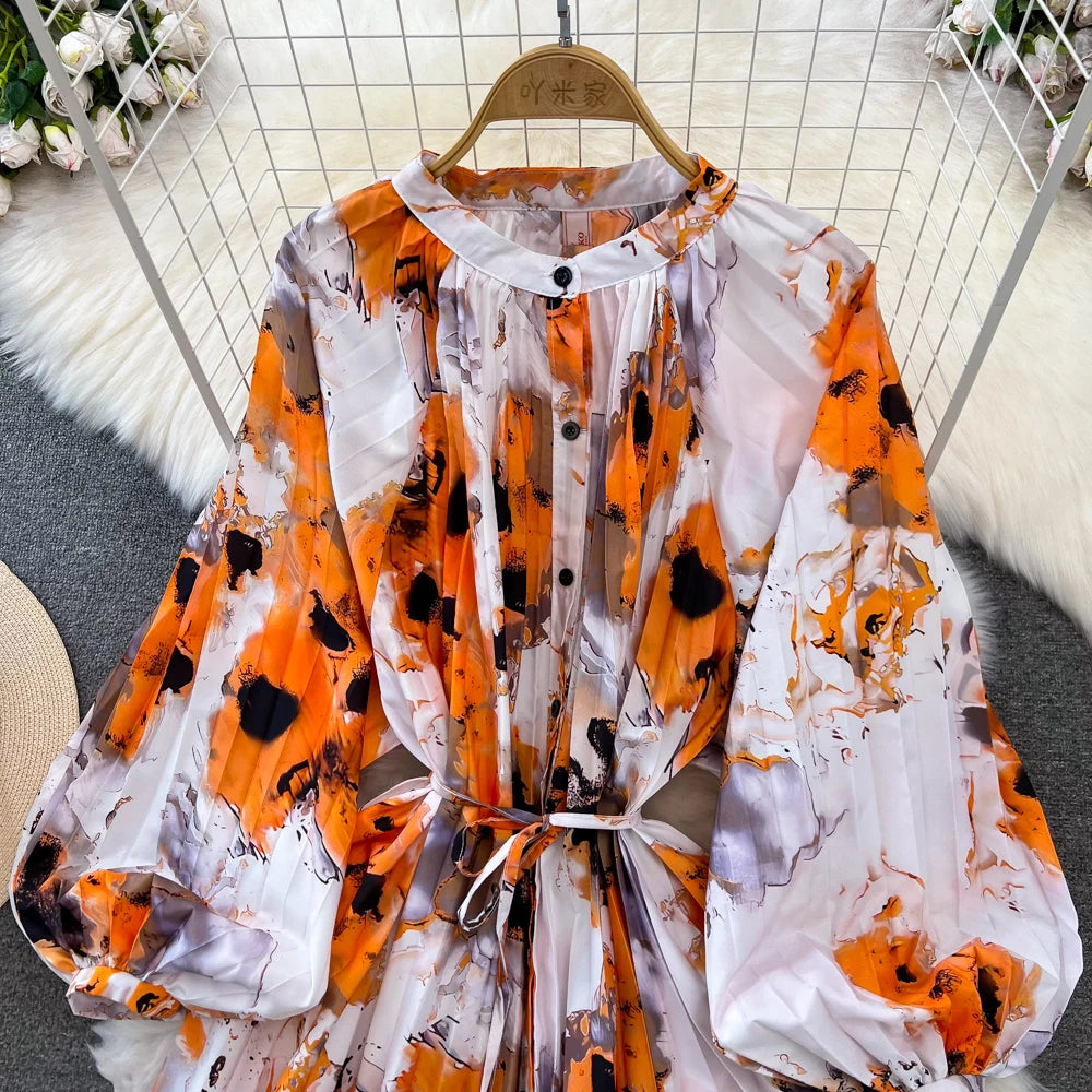 Elegant Women Casual Floral Print Party Dress Vintage Lantern Sleeve A-Line Pleated Prom Birthday Clothes Female Fashion Robe