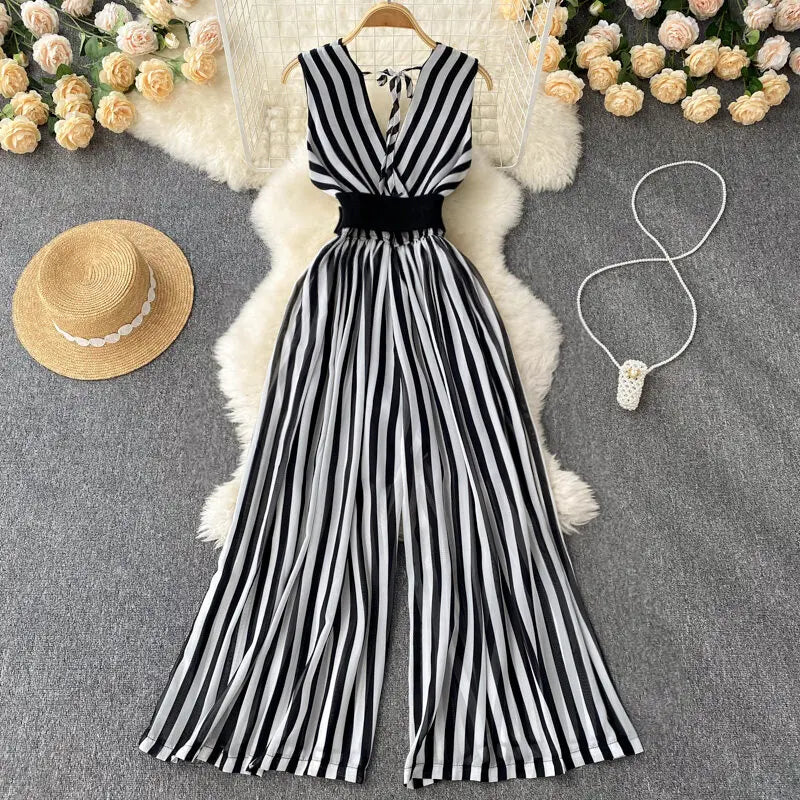 Women Chiffon Striped Jumpsuits Summer Sexy V-neck Sleeveless Elegant Wide-leg Long Pants Playsuits Ladies Dot Romper Overall