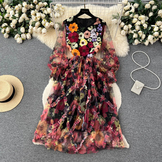 Retro Print  Embroidery Elegant Mesh Dress A-line O-neck Long Sleeve  Casual  High Waist Dress Women Summer