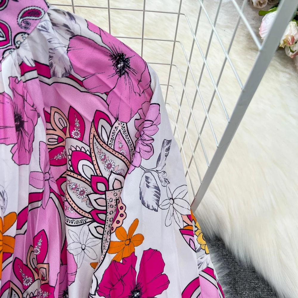 Elegant Women Casual Floral Print Party Dress Vintage Lantern Sleeve A-Line Pleated Prom Birthday Clothes Female Fashion Robe