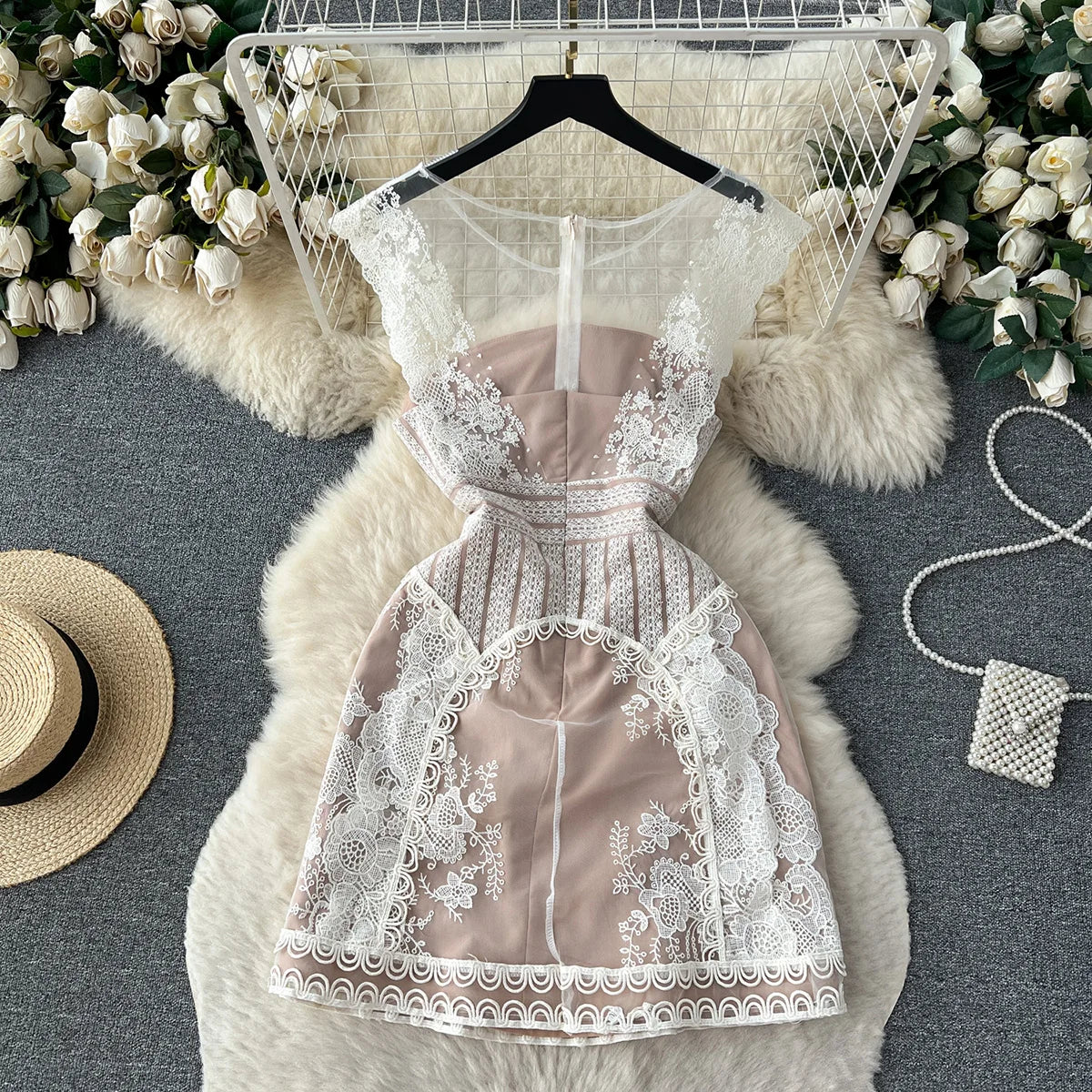 Short Dresses For Women 2023 Wedding Guest Elegant Evening Party Dress Summer Sleeveless Round Neck Luxury Embroidery Lace Dress