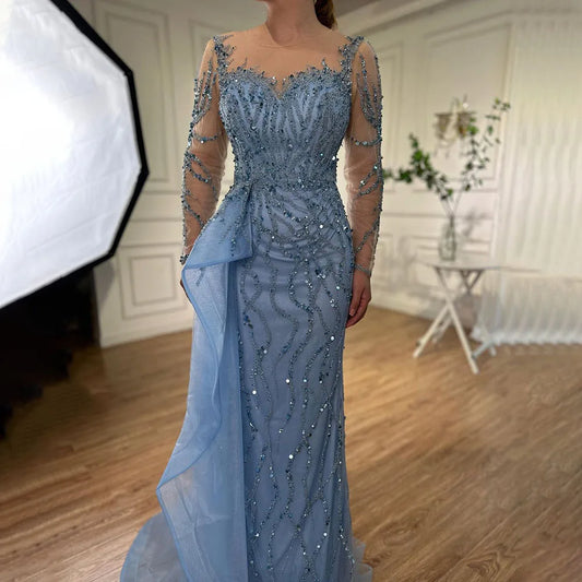 Serene Hill Blue Long Sleevele Elegant Mermaid High Split Evening Dresses 2024 Women Party Gowns with Side Skirt LA72044