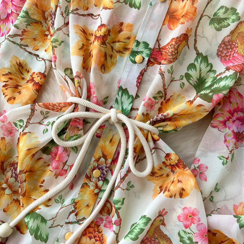 Spring Vacation Dresses For Women Long Sleeve Vintage Floral Print Dress Stand Collar Ruffle Hem Chiffon Mini Dress Tie Belt