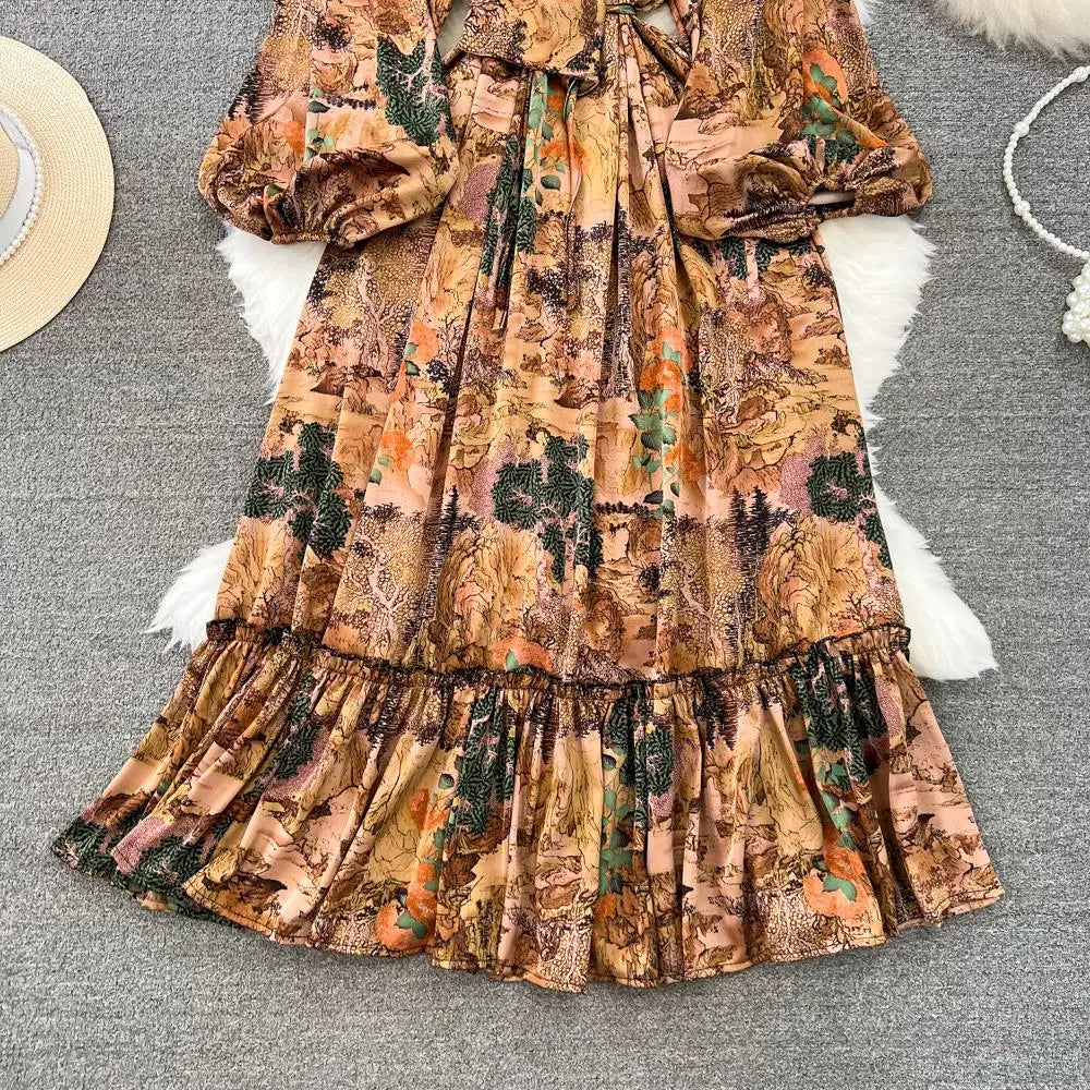 Elegant Casual A-Line Vintage Ruffle Print Long Dress Autumn Lantern Sleeve Party Boho Dresses Beach Holiday Female Vestidos