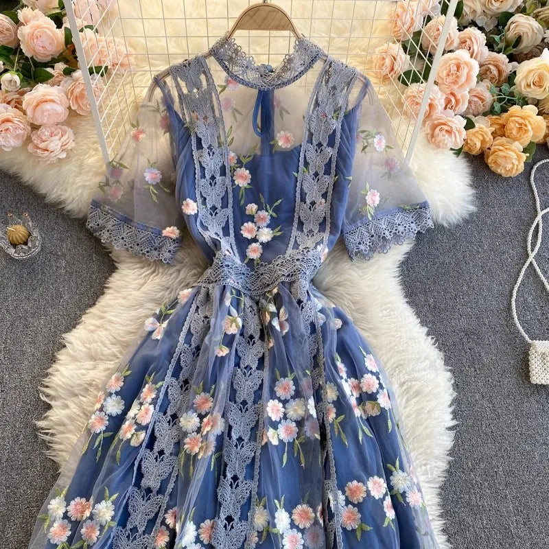 Elegant Mesh Embroidery Dress Women Korean Fashion Summer O Neck Short Sleeve Long Mesh Dress Party Vestidos