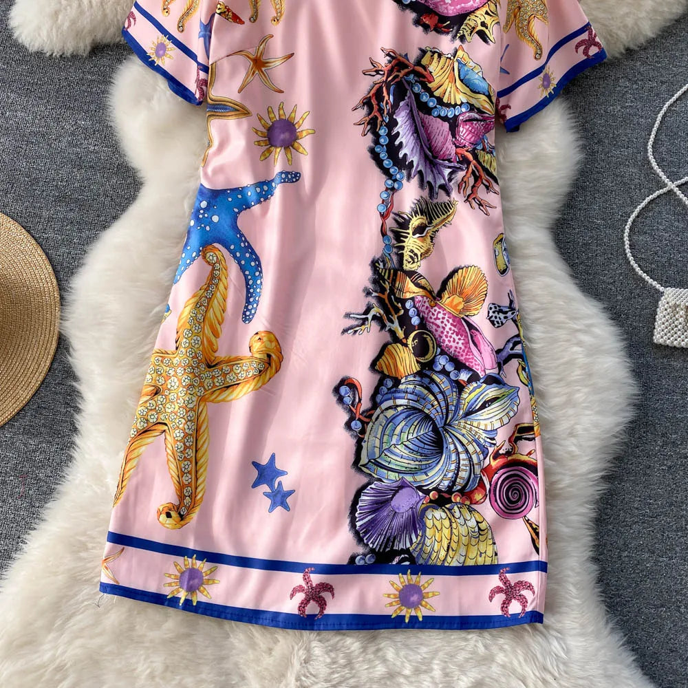 Summer Dresses Fashion Women Clothing 2023 Wedding Party Elegant Vintage Print Dress Round Neck Short Sleeve Straight Mini Dress