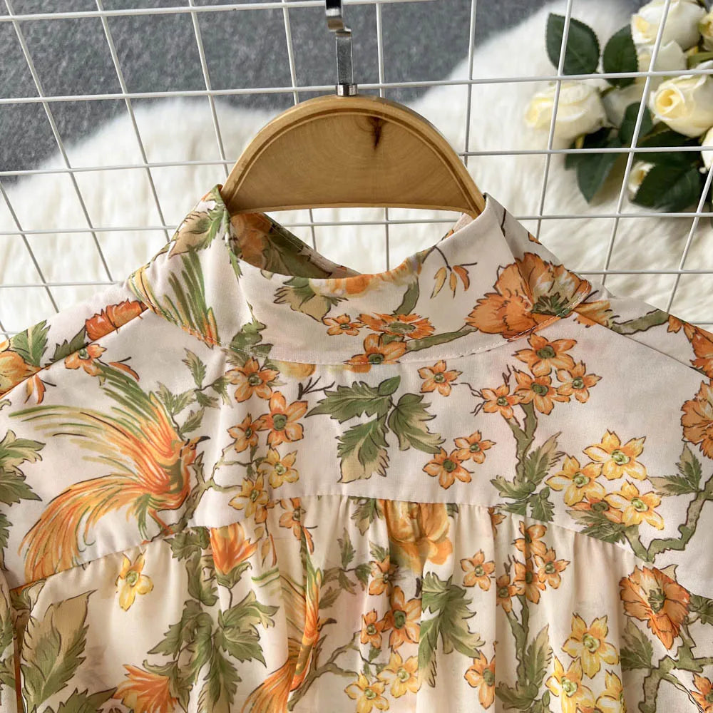 Elegant Party Dresses For Women Stand Collar Vintage Floral Print Dress Long Sleeve Holiday Beach Chiffon Mini Dress With Belt