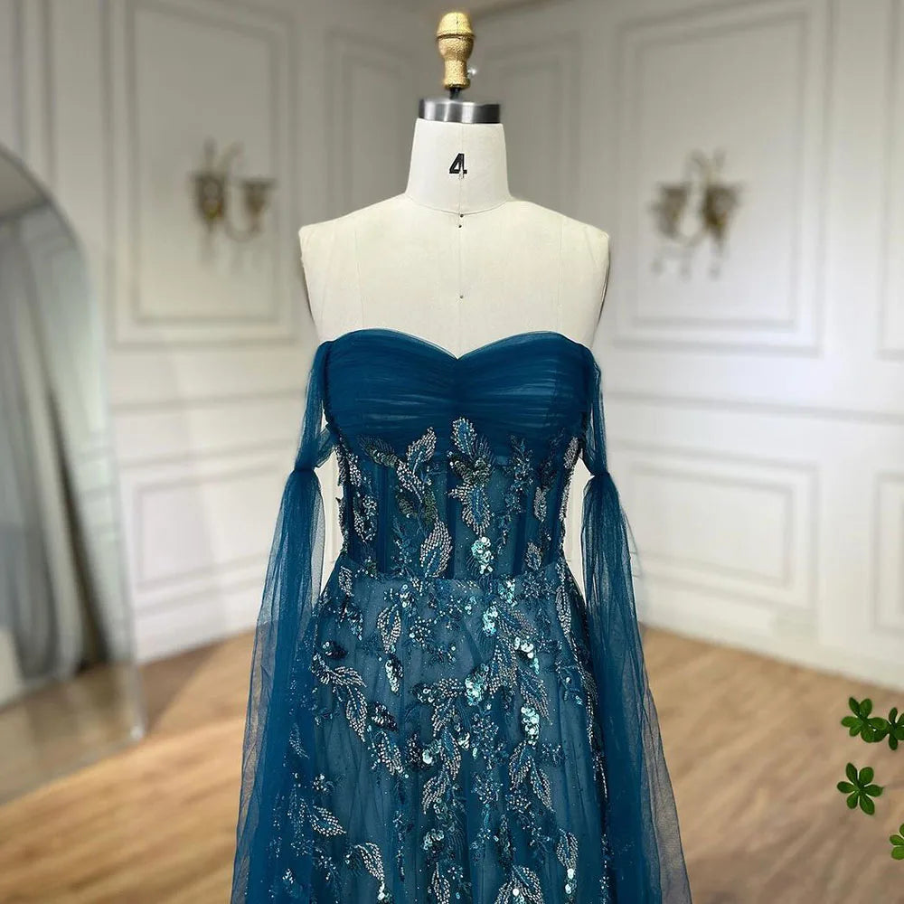 Serene Hill Arabic Green A-Line Elegant Strapless Beaded Long Evening Dresses for Women Party 2024 LA72520