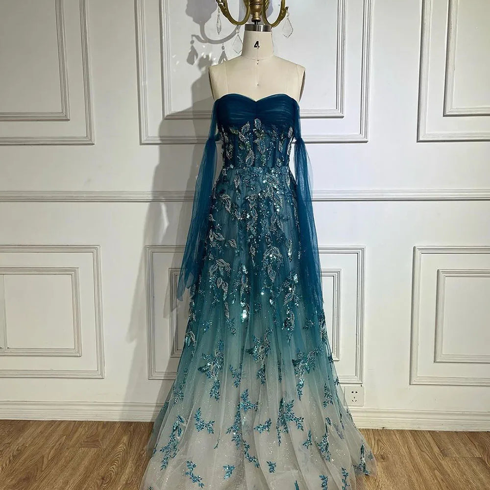 Serene Hill Arabic Green A-Line Elegant Strapless Beaded Long Evening Dresses for Women Party 2024 LA72520