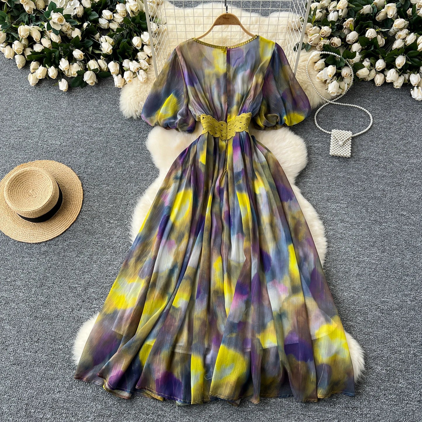 sweet tie dye Lantern Sleeve embroidery o neck chiffon Dress French Party Elegant Summer Sexy Slim Women dresses