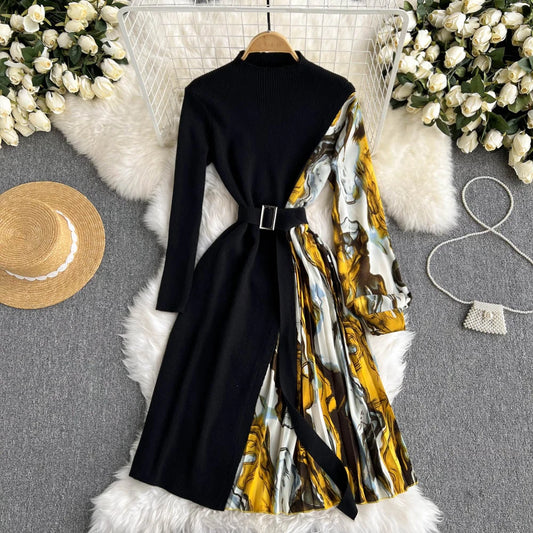 Elegant Chic Print Patchwork Knit Dress French Long Sleeve Party A-line Vestidos High Waist Basic Slim Women Autumn Winter Dress