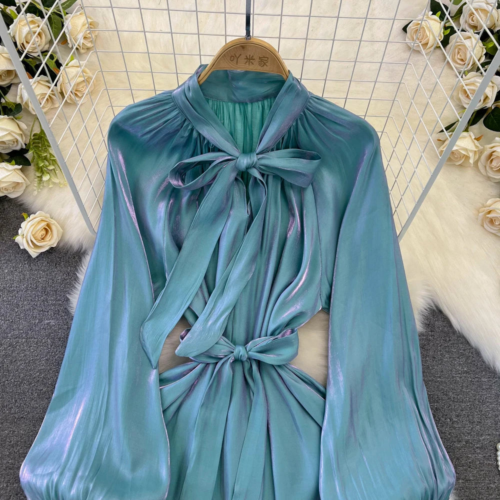 Autumn Elegant Women Fashion Party Long Dress Bow Lace Up Long Sleeve Evening Dresses A-Line Casual Vestidos One Piece Prom Robe