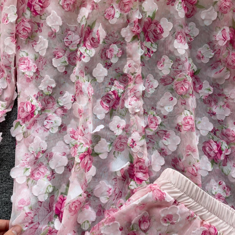 Clothland Sweet Appliqued Floral Blouse Suit Two Piece Pink Set Long Sleeve Shirts Mini Shorts Spring Set TZ228