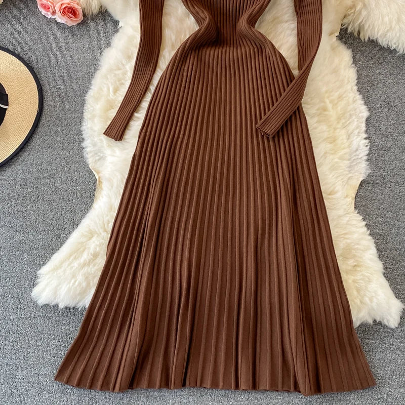 Women Chic Turtleneck Long Sleeve Sexy A-line Sweater Dress Vintage Korean Fashion Knit Vestido Elegant Autumn Winter Knitwear