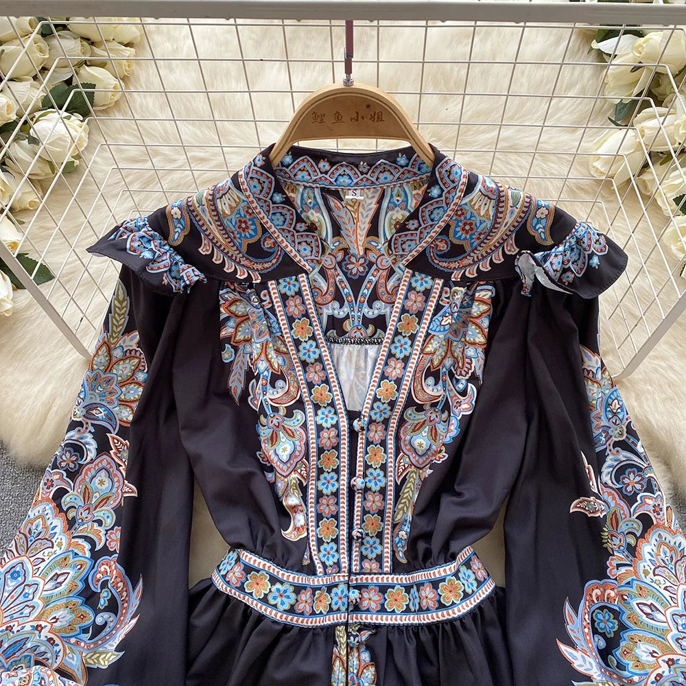 Elegant Dresses For Women 2024 V Neck Vintage Paisley Print Mini Holiday Dress Spring Ruffle Trim Long Sleeve Bohemian Dress