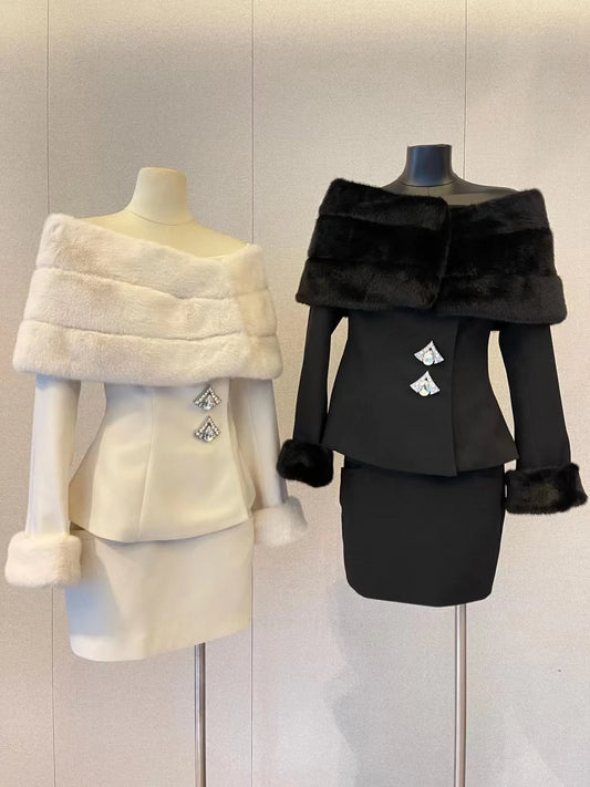 Off Shoulder Removable Faux Fur Shawl 2-Piece Set Elegant Luxury Old Money Style Set Coat+Hip Wrap Short Skirt Spring Female