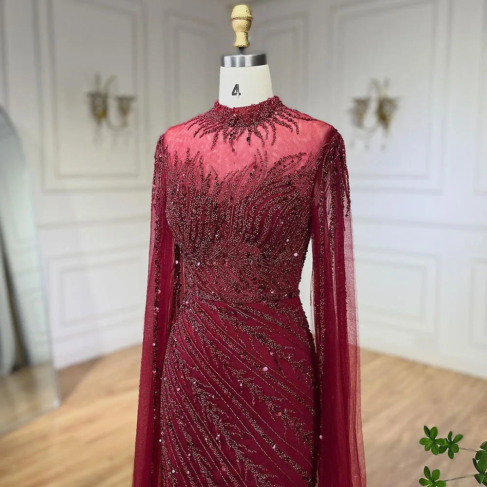 Serene Hill 2024 Nude Cape Sleeves Mermaid Lace Beaded Luxury Dubai Long Evening Dresses Gowns For Formal Occasion LA71885A