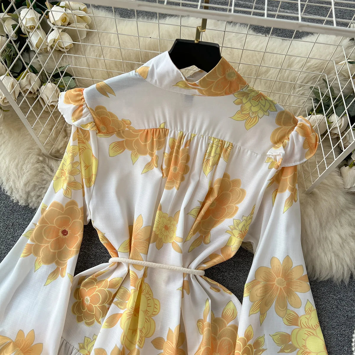 Spring Summer Holiday Dresses For Women 2023 Elegant Vintage Flower Print Dress Ruffle Trim Long Sleeve Mini Dress With Belt