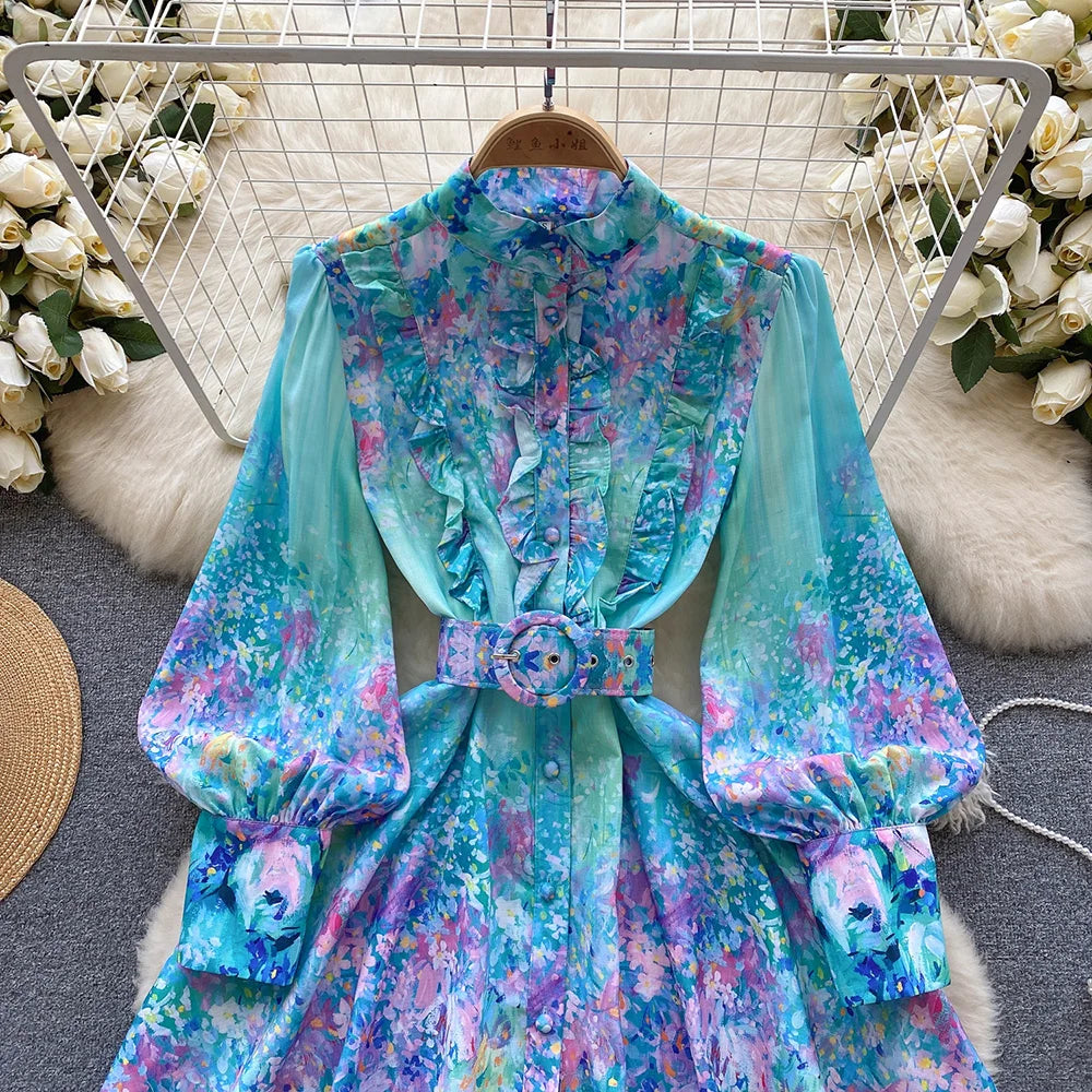 Mini Dresses For Women Frill Trim Long Sleeve Spring Vacation Dress Stand Collar Elegant Vintage Floral Print Dress With Belt