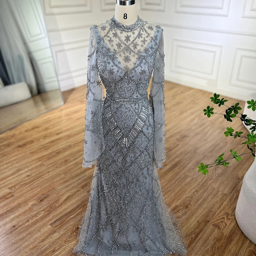Serene Hill 2024 Muslim Nude Mermaid Elegant Bell Sleeve Beaded Luxury Dubai Long Evening Dress for Formal Occasion LA72316A