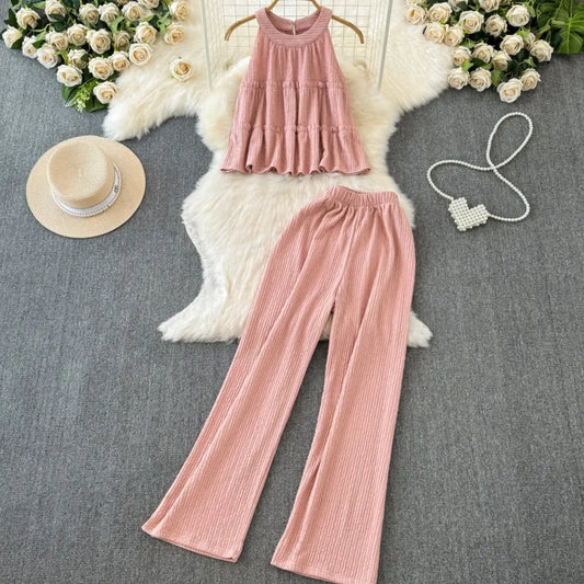 Summer Women Fashion Elegant Casual Pantsuit Halter Vintage Crop Tops Wide-Leg Pants Two Pieces Set Female Party Clothes New