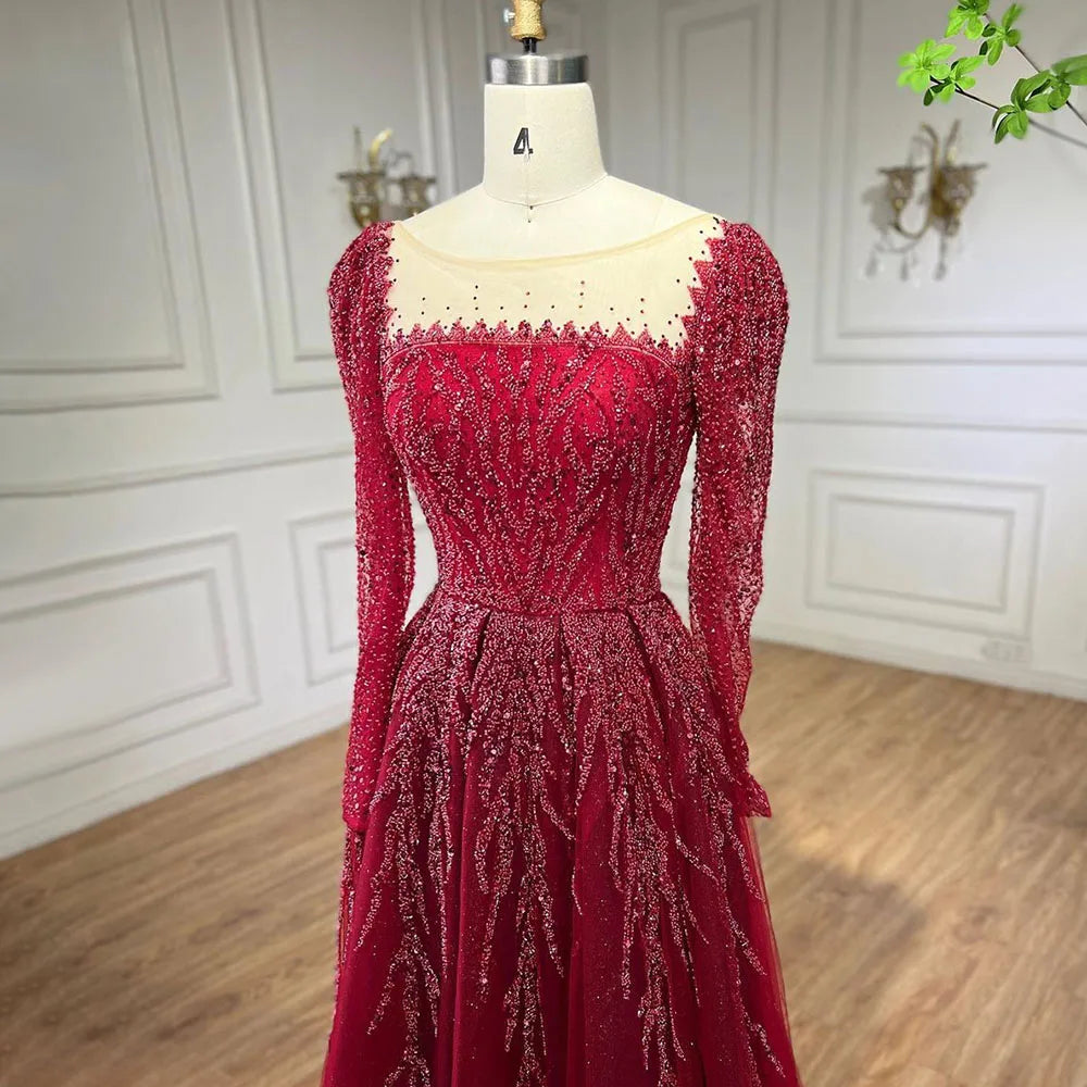 Serene Hill Muslim Pink A Line Beaded Luxury Dubai Long Evening Dresses Gowns 2024  For Woman Wedding Party LA71915