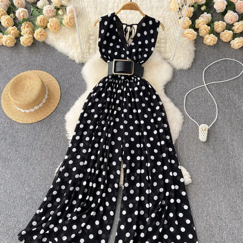 Women Chiffon Striped Jumpsuits Summer Sexy V-neck Sleeveless Elegant Wide-leg Long Pants Playsuits Ladies Dot Romper Overall