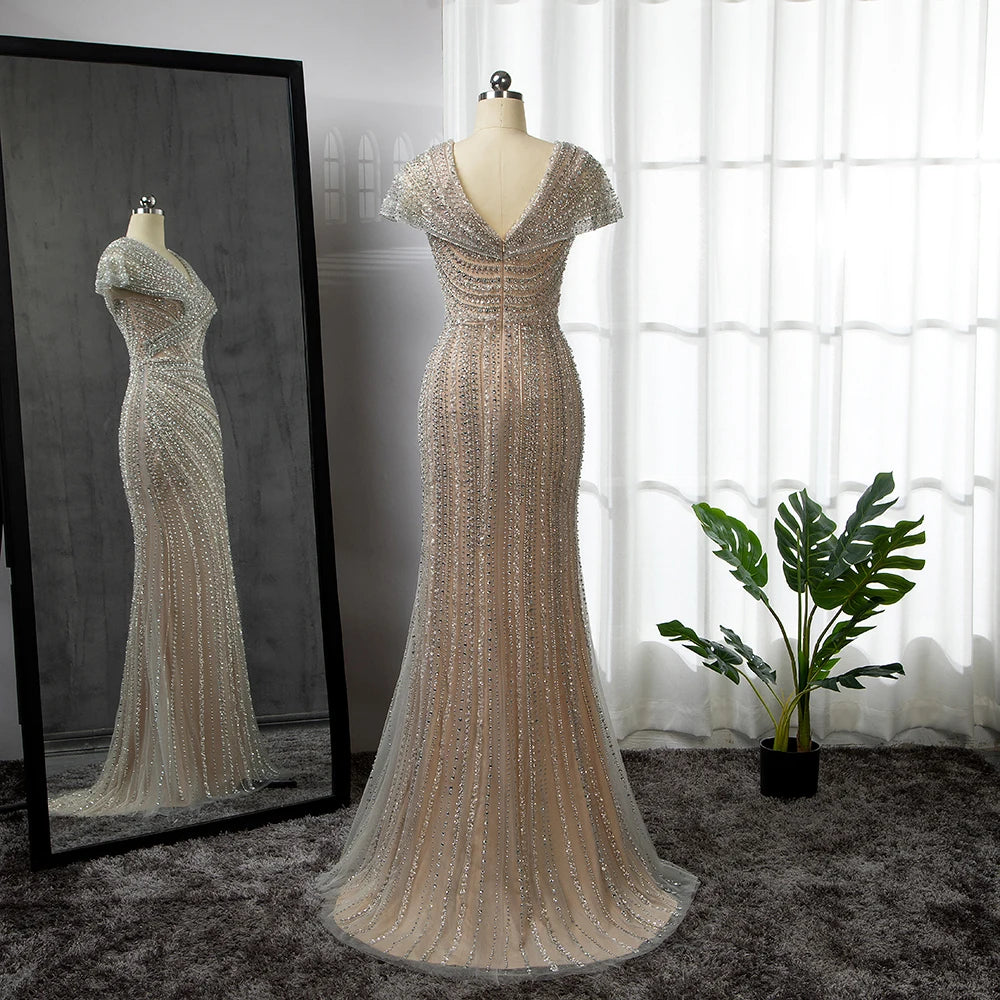 Silver Nude Mermaid Evening Gowns for Women 2023 Dubai Luxury Beading Sparkle Sleeveless Sexy Formal Dress BLA71686 Serene Hill