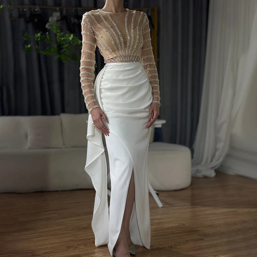Serene Hill 2024 White Long Sleeves Mermaid Split Evening Dress Beaded Luxury Elegant for Women Party LA71531