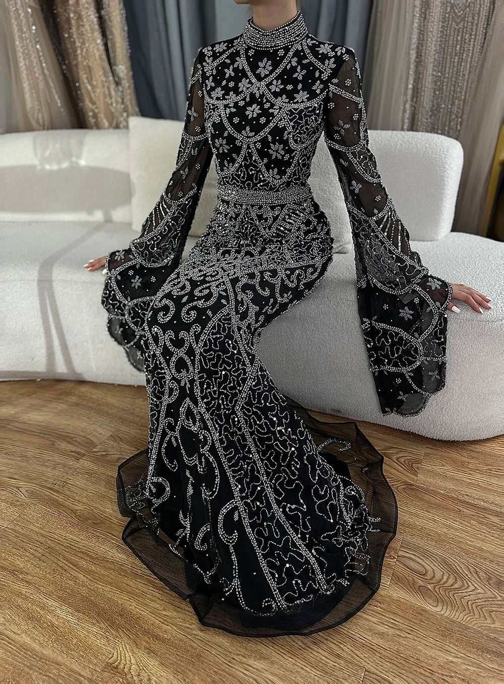 Serene Hill Muslim Grey Mermaid Elegant Nude Cape Sleeve Beaded Luxury Dubai Long Evening Dress 2024 Women's Party LA72316
