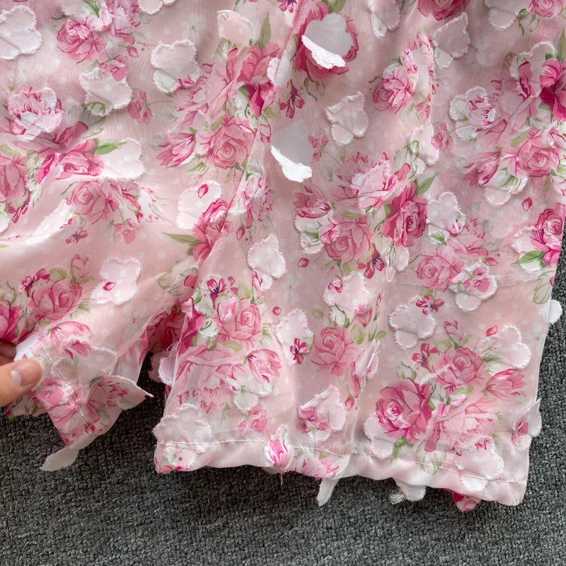 Clothland Sweet Appliqued Floral Blouse Suit Two Piece Pink Set Long Sleeve Shirts Mini Shorts Spring Set TZ228