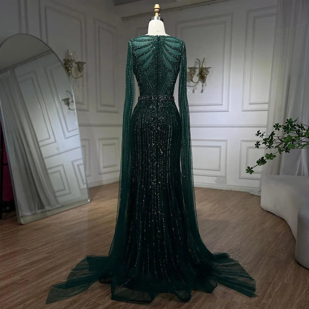 Serene Hill Brown Mermaid Elegant 2024 With Cape Sleeves Beaded Luxury Evening Dresses Gowns   For Women Party LA70638