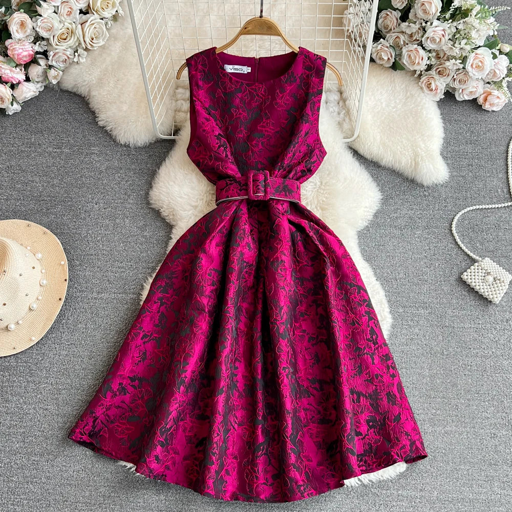 Women Vintage Floral Dresses Summer Slim A-line Sleeveless Party Dresses Ladies Elegant O-neck Casual Midi Dress Vestidos