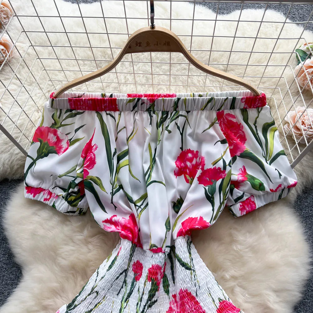 Women Elegant Vintage Floral Print Dress 2023 Summer Short Sleeve Off Shoulder Dress Shirred Elastic Waist Beach Holiday Dress