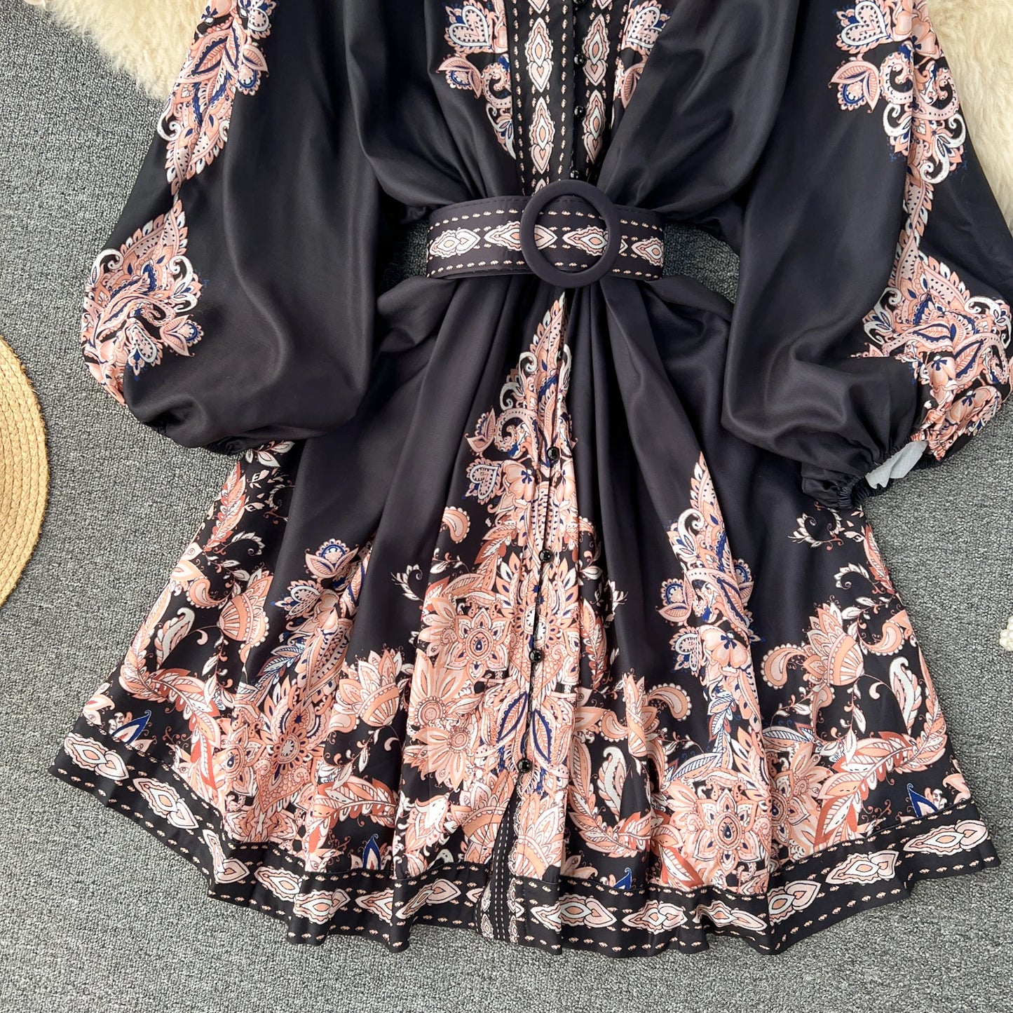 Vintage Print Elegant V-eck Single Breasted Lantern Long Sleeve Dress A-line Casual Women Fashion Summer Spring Vestidos