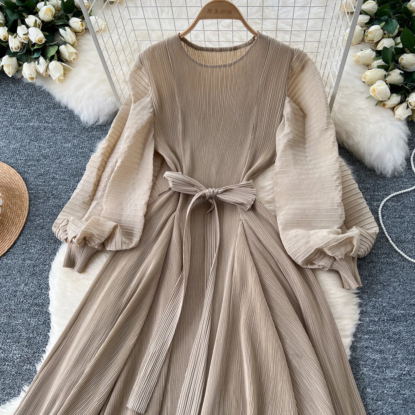 Vintage  Elegant Lantern Sleeve Sweet Pleated Dress Women Basics Fashion Summer Spring Dresse