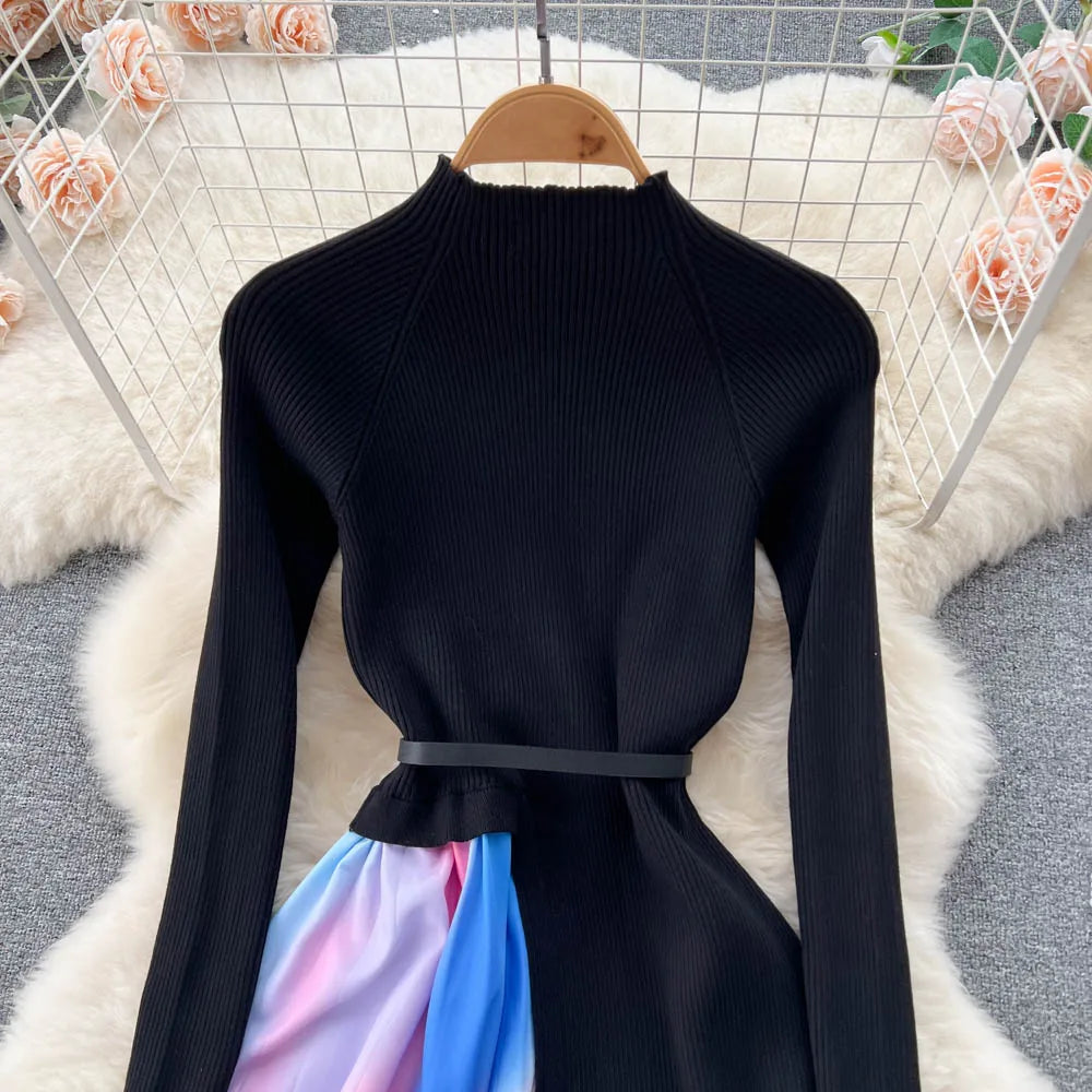 Elegant Chic Print Patchwork Knit Dress French Long Sleeve Party A-line Vestidos High Waist Basic Slim Women Autumn Winter Dress