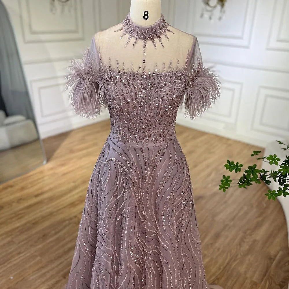 Serene Hill 2024 Arabic blue A Line Short Sleeveless Luxury Evening Dresses Beaded Feathers For Women Wedding Party LA72351