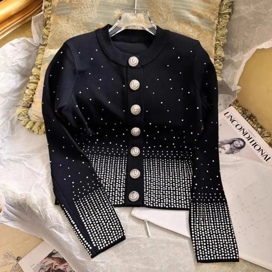 Rhinestone Decoration Knitted Cardigan Women Stylish Elegant Sweater Cropped Knit Jacket Single-breasted Chic Thin Coat Spring