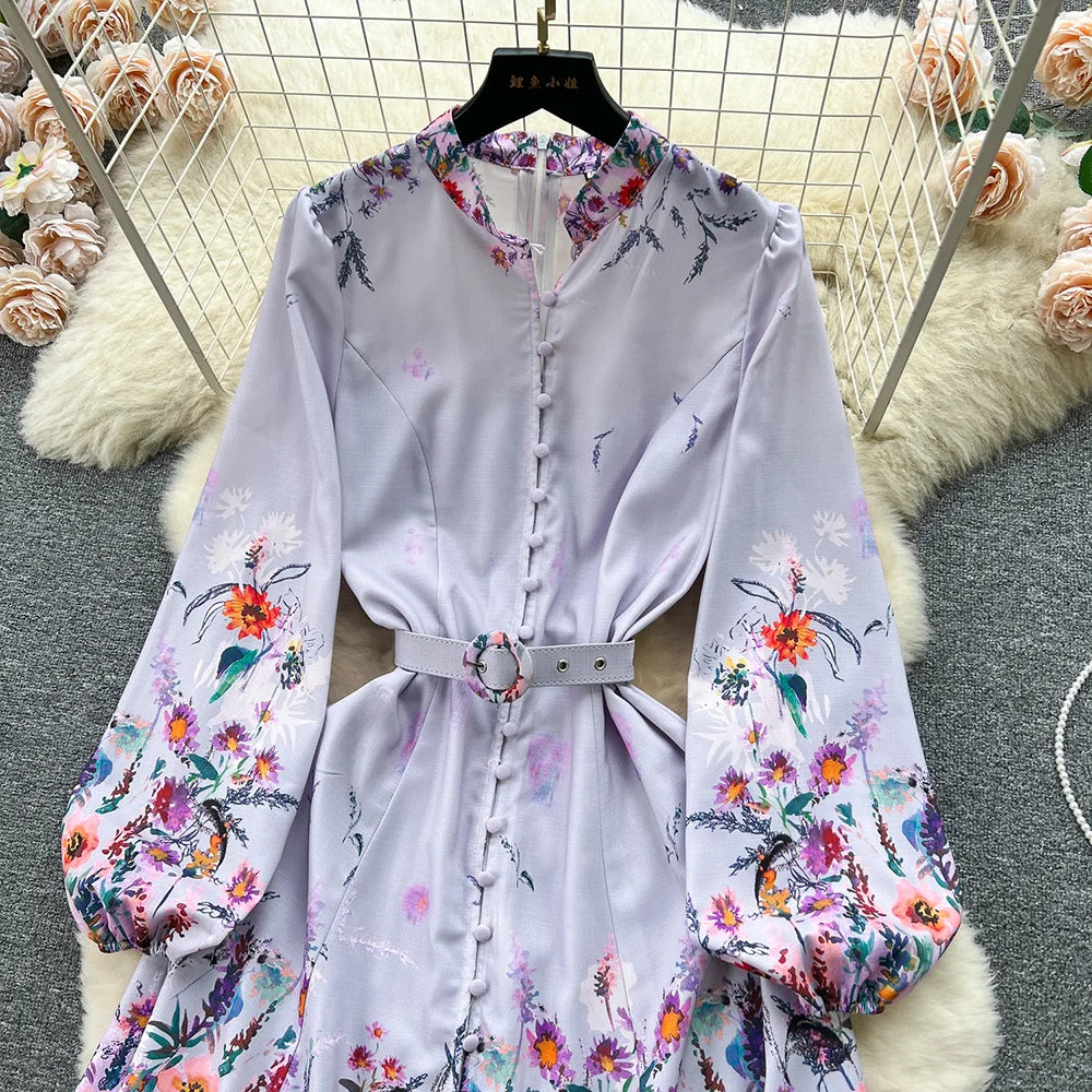 Spring Dresses 2024 Women Clothing Long Sleeve Party Elegant Dress With Belt Stand Collar Vintage Floral Print Holiday Dress