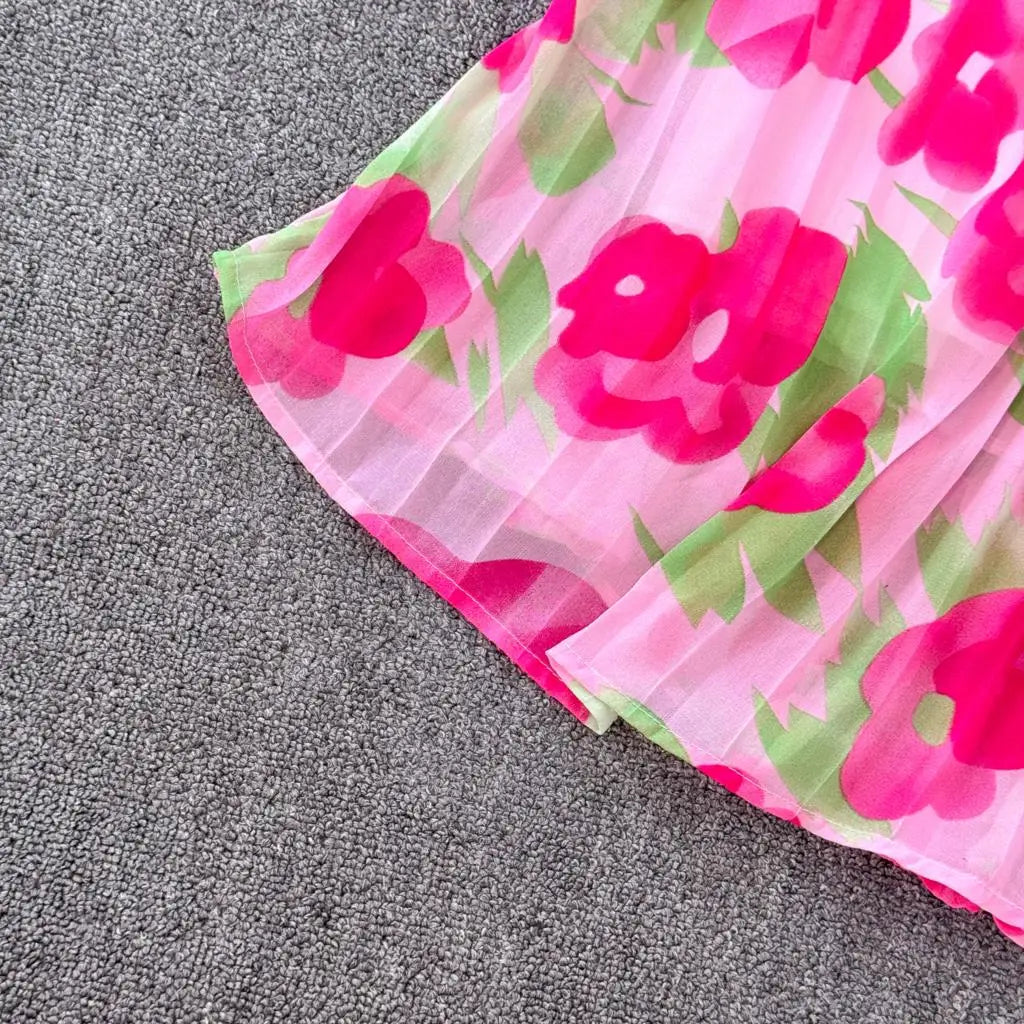 Summer Vintage Casual A-Line Floral Print Women Dress Elegant Chic Pleated Party Prom Vestidos with Belted Female Long Robe