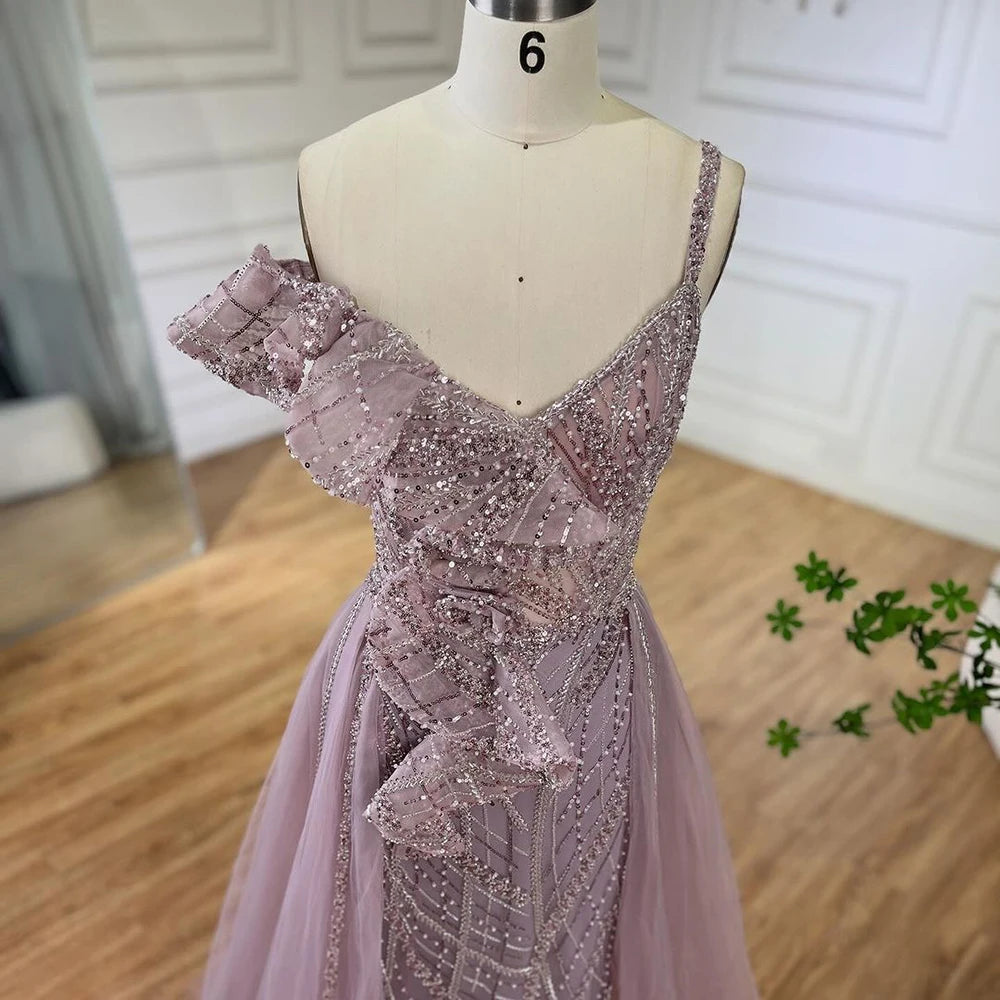 Serene Hill Golden Mermaid Evening Dress With Skirt - Women's Luxury Grey Beaded Spaghetti Strap Party 2024, LA72341