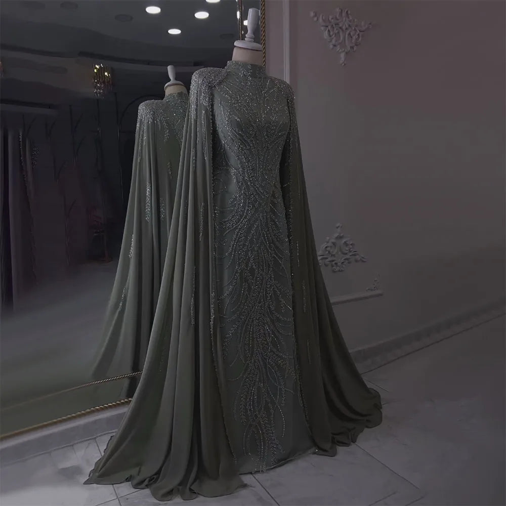 Serene Hill 2024 muslim Sage Green Mermaid Cape Sleeves Beaded Satin Luxury Evening Dresses Gowns for Women Party LA72413
