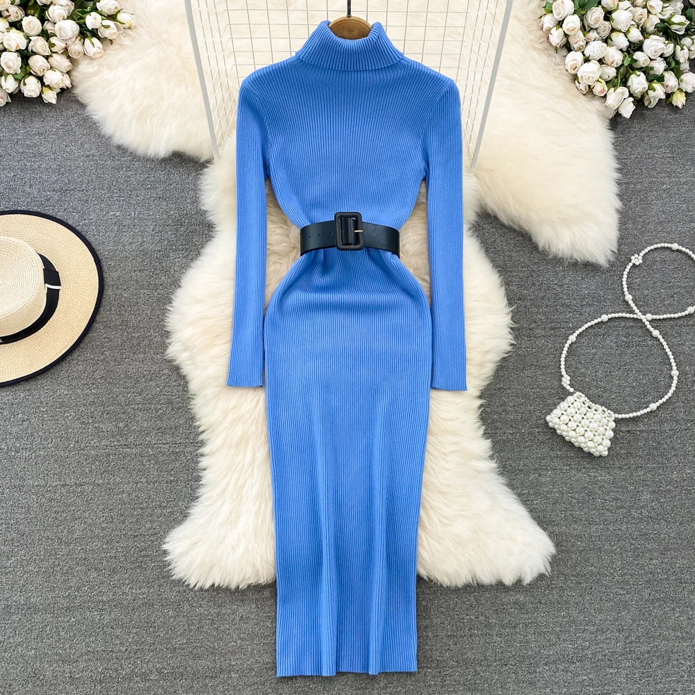 Elegant Turtleneck Long Sleeve Knit Soft Tight Pencil Dress with Belt Slim Fashion Warm Sweater Vestido Sexy Women Winter Robe