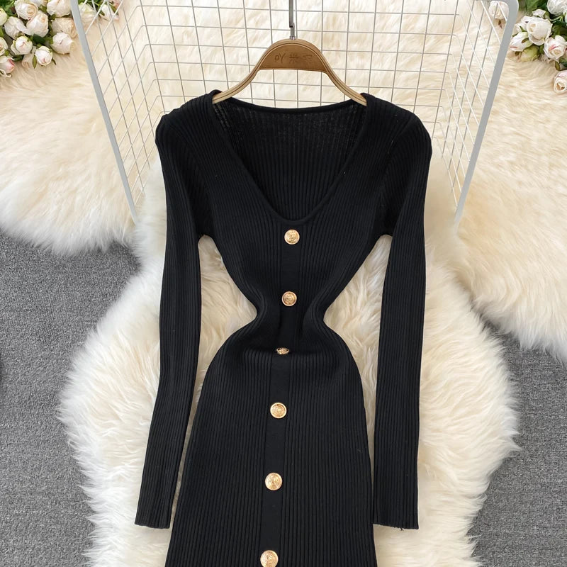 Chic V Neck Long Sleeve Elegant Mermaid Dress Sexy slim Evening Party French Fashion Knit Vestidos High Waist Autumn Slim Robe