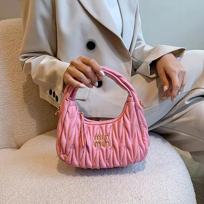 New Light Luxury Fashion Pleated Shoulder Bag Women's Bag Monogram Logo PU Design Versatile High-End Handbag Cross-Body Bag