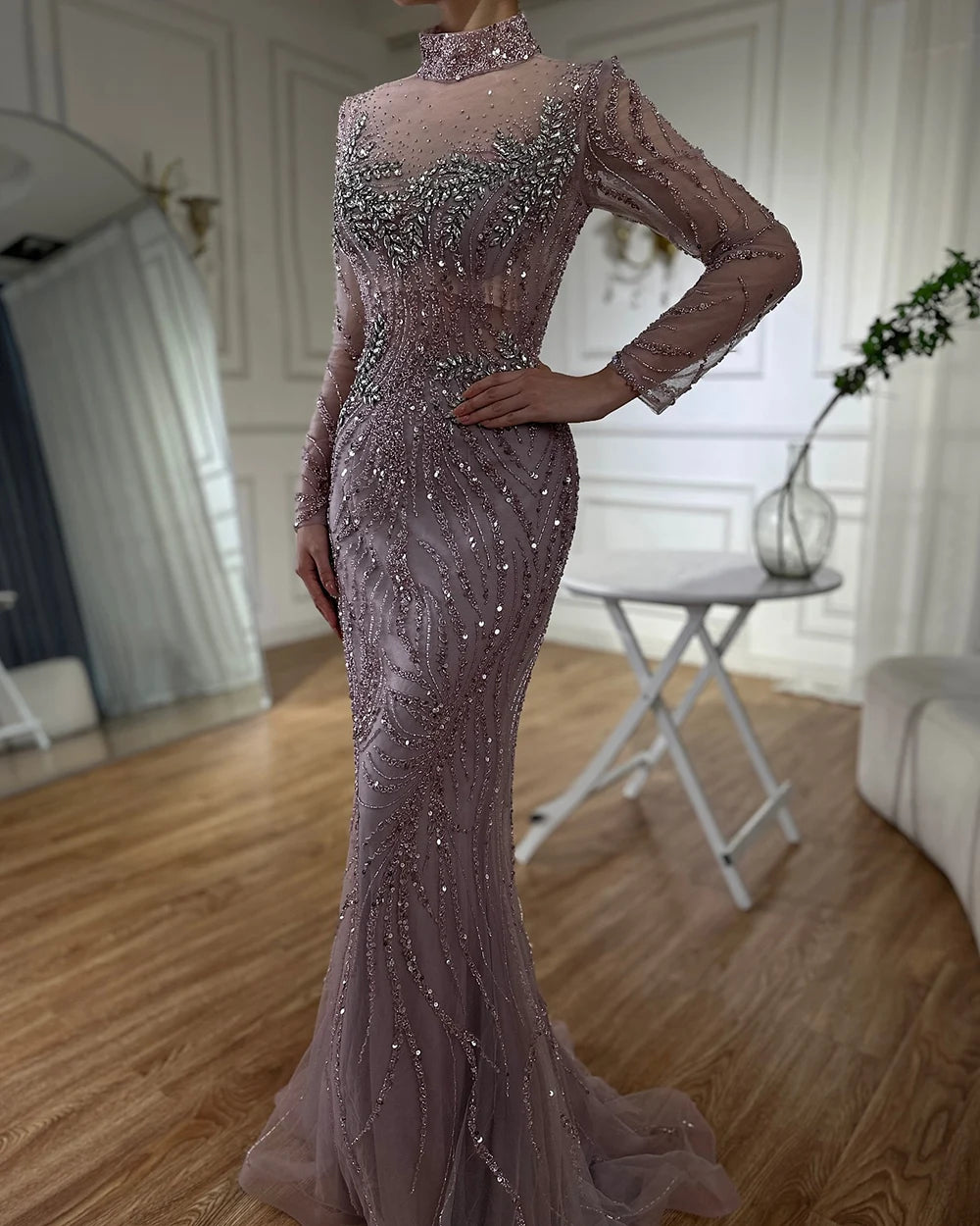 Serene Hill 2024 Saudi Arabic Elegant Pink Mermaid Beaded Long Evening Gown for Formal Occasion LA72754