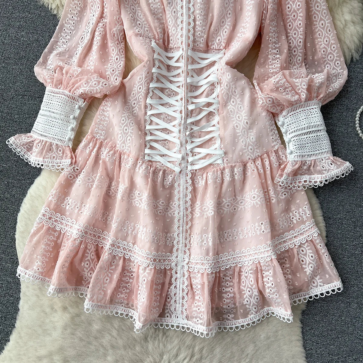 Dresses For Women 2023 Luxury Fashion Waist Lace Up Embroidery Dress Spring Long Sleeve Elegant Wedding Guest Party Mini Dress