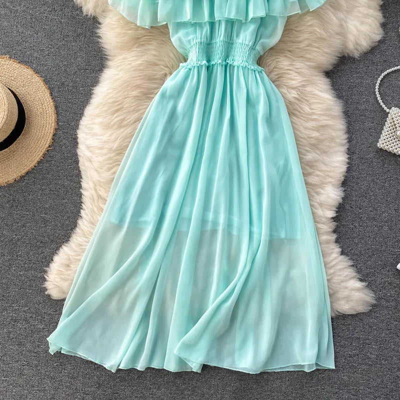 Women Chiffon Beach Dress Sexy Double Layer Ruffled Off The Shoulder Boho Dresses Ladies Sweet Slash Neck Long Dress