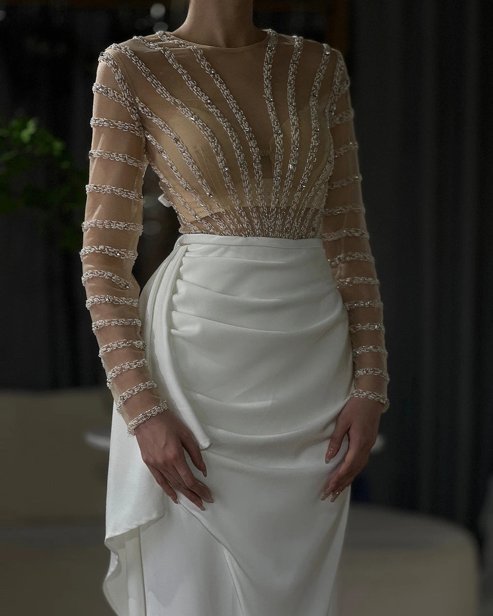 Serene Hill 2024 White Long Sleeves Mermaid Split Evening Dress Beaded Luxury Elegant for Women Party LA71531